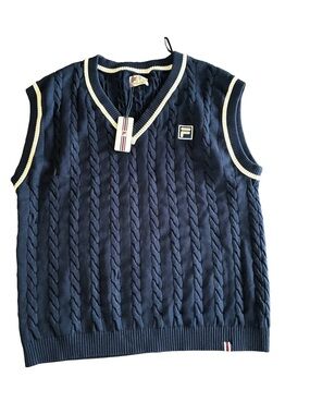 Fila Men's Navy Blue Cable Knit V-Neck Sweater Vest with White Trim